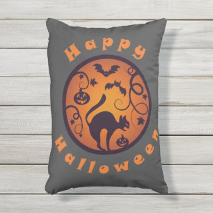 Gelukkige Halloween lantaarn zwarte kat spinnen en Buitenkussen