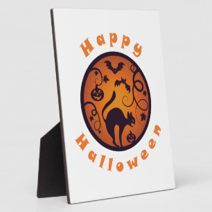 Gelukkige Halloween lantaarn zwarte kat spinnen en Fotoplaat