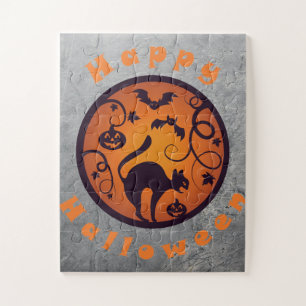 Gelukkige Halloween lantaarn zwarte kat spinnen en Legpuzzel