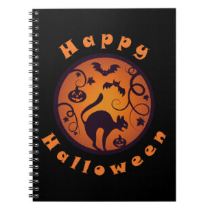 Gelukkige Halloween lantaarn zwarte kat spinnen en Notitieboek