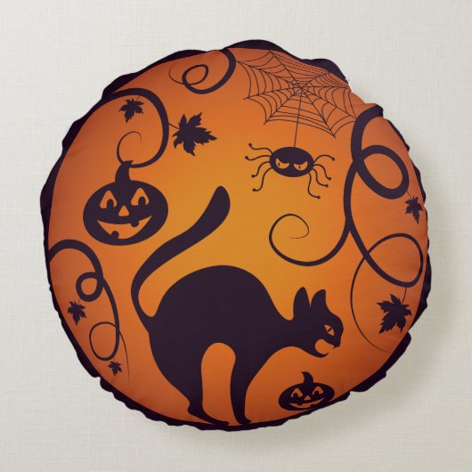 Gelukkige Halloween lantaarn zwarte kat spinnen en Rond Kussen (Achterkant)