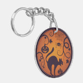 Gelukkige Halloween lantaarn zwarte kat spinnen en Sleutelhanger (Voorkant Links)