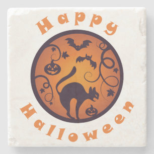 Gelukkige Halloween lantaarn zwarte kat spinnen en Stenen Onderzetter