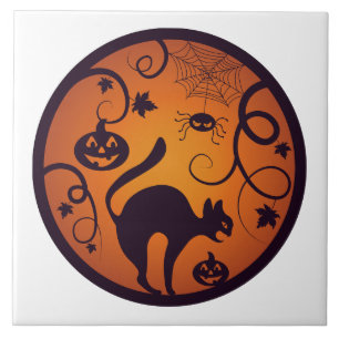 Gelukkige Halloween lantaarn zwarte kat spinnen en Tegeltje