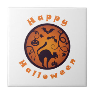 Gelukkige Halloween lantaarn zwarte kat spinnen en Tegeltje