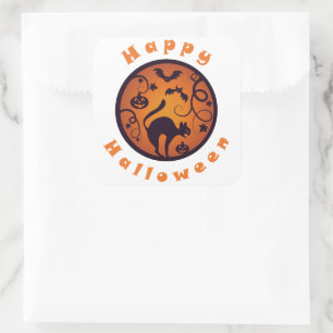 Gelukkige Halloween lantaarn zwarte kat spinnen en Vierkante Sticker