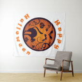 Gelukkige Halloween lantaarn zwarte kat spinnen en Wandkleed (In Situ (horizontaal))