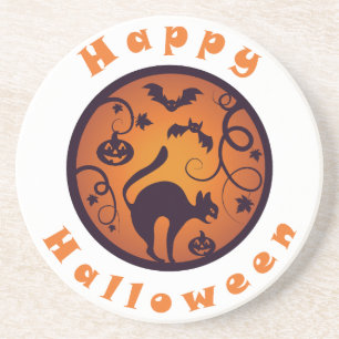 Gelukkige Halloween lantaarn zwarte kat spinnen en Zandsteen Onderzetter