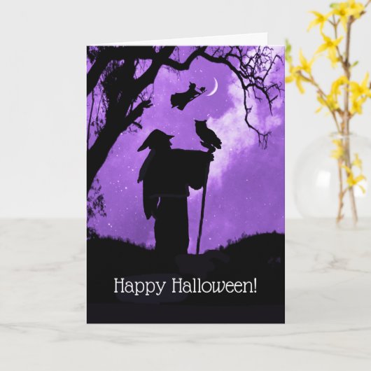 Gelukkige Halloween Magic Uil Heksen Kat Warlock Kaart (Gele Bloem)