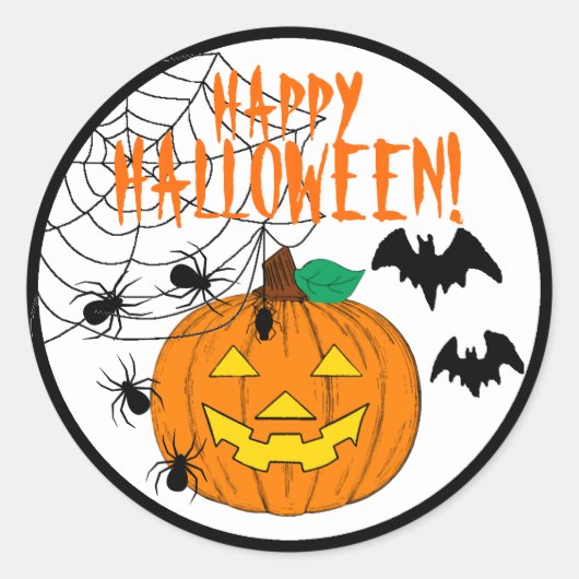Gelukkige Halloween met pompoenspinnen en vleermui Ronde Sticker (Voorkant)