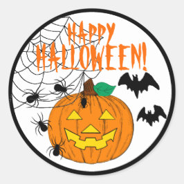 Gelukkige Halloween met pompoenspinnen en vleermui Ronde Sticker