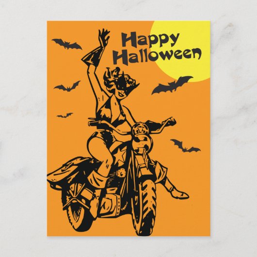Gelukkige Halloween motorvrouw in kattenkostuum Briefkaart (Voorkant)