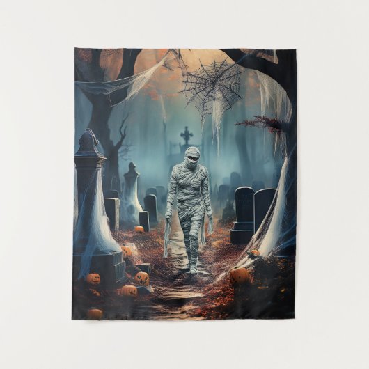 Gelukkige Halloween-mummie op een kerkhof Wandkleed (Voorkant)