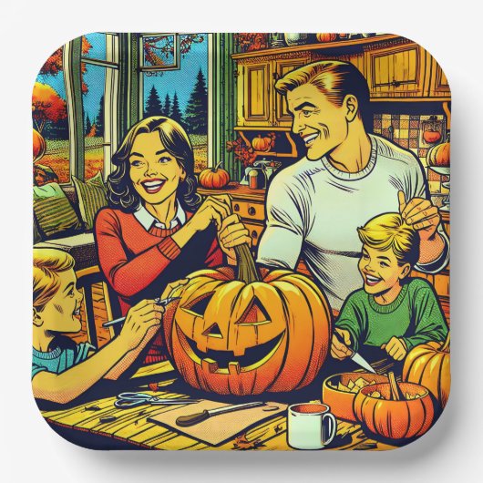 Gelukkige Halloween Nostalgische Familie Carving P Papieren Bordje (Voorkant)