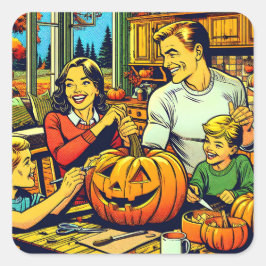 Gelukkige Halloween Nostalgische Familie Carving P Vierkante Sticker
