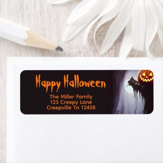 Gelukkige Halloween Pompoen en Boom Etiket (Insitu)