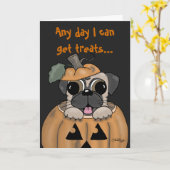 Gelukkige Halloween-Pug in Jack O' Lantern Kaart (Gele Bloem)