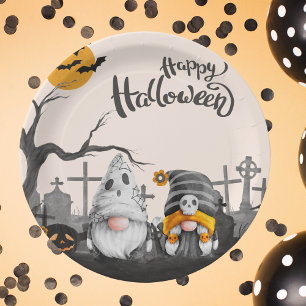 Gelukkige Halloween Retro Gnomen op Begraafplaats Papieren Bordje