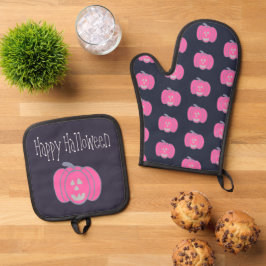 Gelukkige Halloween Roze Jack-o-lantaarns Ovenwant & Pannenlap Set