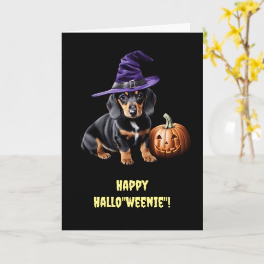 Gelukkige Halloween Schattigee Dachshund Puppy met Kaart (Gele Bloem)