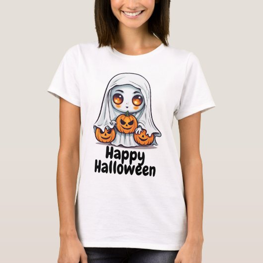 Gelukkige Halloween Schattigee Spook en Pompoenen T-shirt (Voorkant)