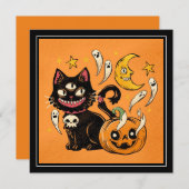 Gelukkige Halloween Spooky Black Cat en Pumpkin Feestdagenkaart (Voorkant / Achterkant)
