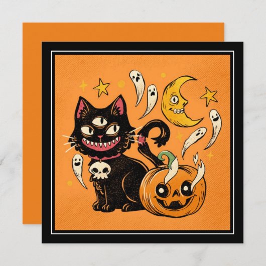 Gelukkige Halloween Spooky Black Cat en Pumpkin Feestdagenkaart (Voorkant / Achterkant)