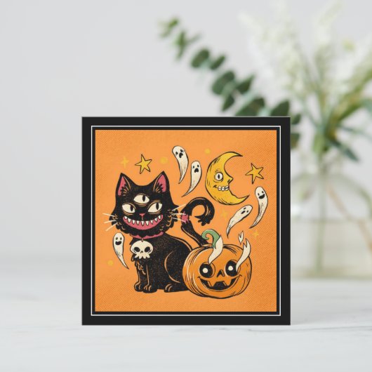 Gelukkige Halloween Spooky Black Cat en Pumpkin Feestdagenkaart (Staand voorkant)