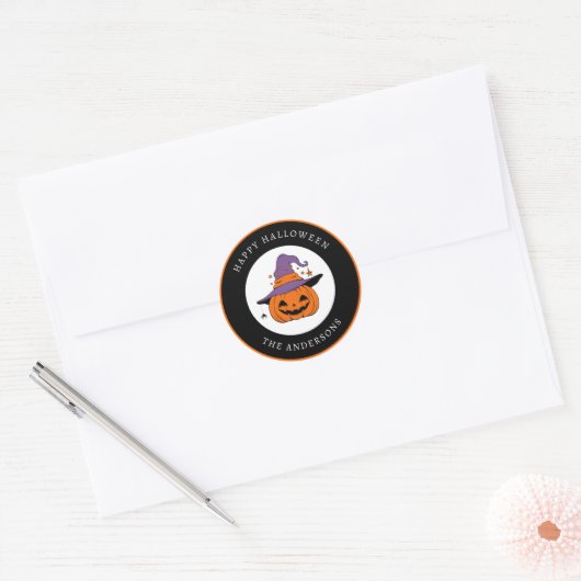Gelukkige Halloween Spooky Pompoen Aangepaste Teks Ronde Sticker (Envelop)