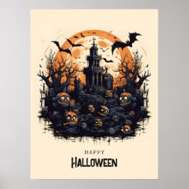Gelukkige Halloween Spooky pompoenen en vleermuize Poster