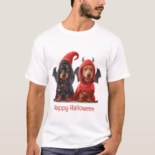Gelukkige Halloween teckel Honden Duivelsvleermuis T-shirt (Voorkant)
