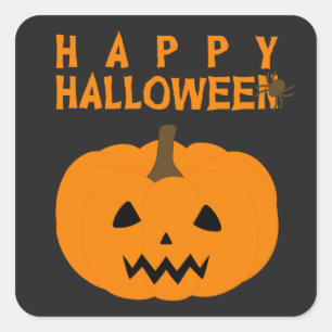 Gelukkige Halloween Tekst en Pompoen op Zwart Vierkante Sticker