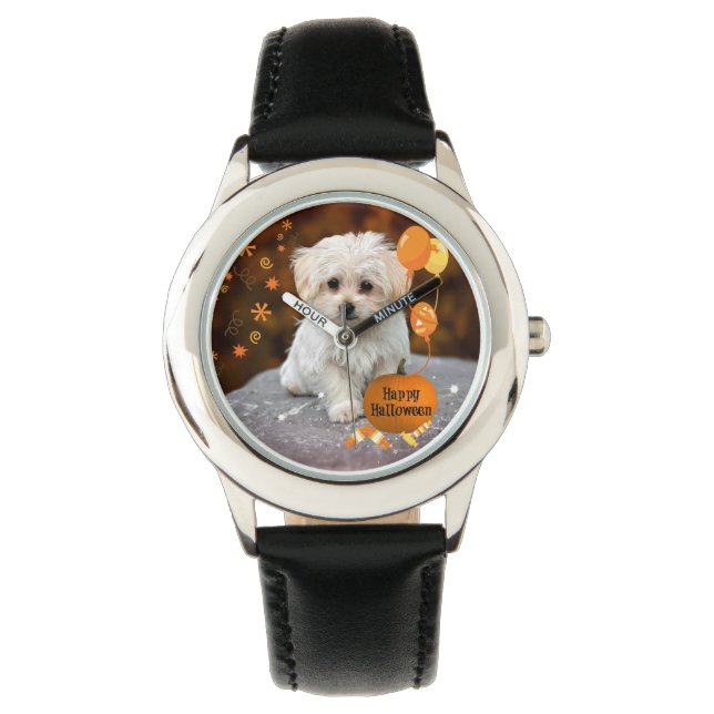 Gelukkige Halloween van Maltese Puppy Horloge (Voorkant)