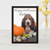 Gelukkige Halloween Verjaardag Basset Hound kaart (Gele Bloem)