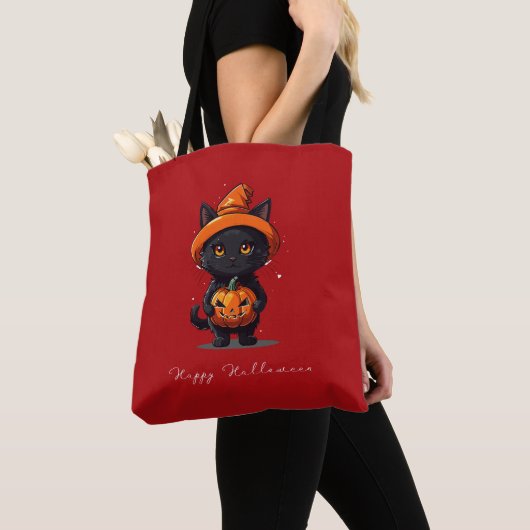 Gelukkige Halloween Zwarte Kat met Pompoen Hallowe Tote Bag (Dichtbij)