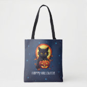Gelukkige Halloween Zwarte Kat met Pompoen Hallowe Tote Bag (Voorkant)