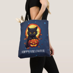Gelukkige Halloween Zwarte Kat met Pompoen Hallowe Tote Bag