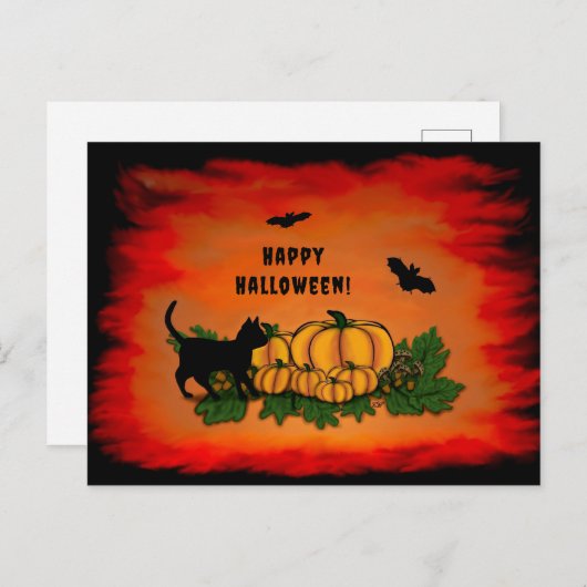 Gelukkige Halloween, Zwarte Kat, Vleermuis en Pomp Briefkaart (Voorkant / Achterkant)