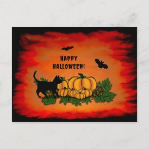 Gelukkige Halloween, Zwarte Kat, Vleermuis en Pomp Feestdagenkaart