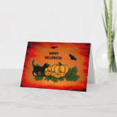 Gelukkige Halloween, Zwarte Kat, Vleermuis en Pomp Kaart (Voorkant)