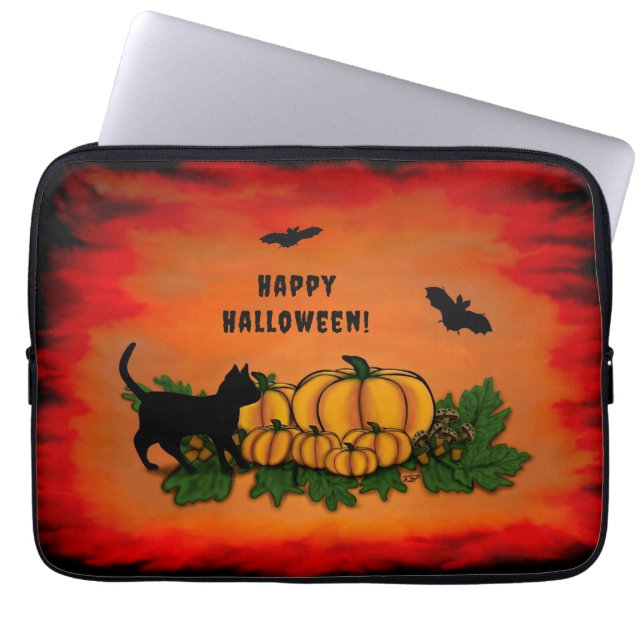 Gelukkige Halloween, Zwarte Kat, Vleermuis en Pomp Laptop Sleeve (Voorkant)