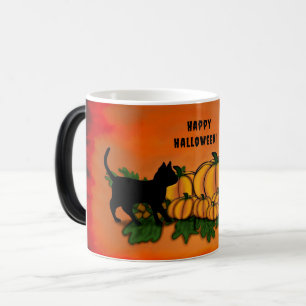 Gelukkige Halloween, Zwarte Kat, Vleermuis en Pomp Magische Mok