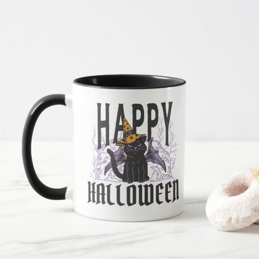 GELUKKIGE HALLOWEEN ZWARTE KATTENVLEUGELS MOK (Met donut)