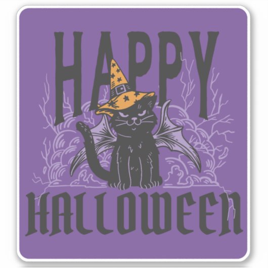 GELUKKIGE HALLOWEEN ZWARTE KATTENVLEUGELS STICKER (Voorkant)