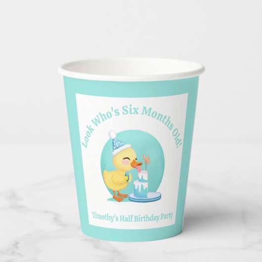 Gelukkige Halve Verjaardag Baby Duck met Cake Part Papieren Bekers (Achterkant)