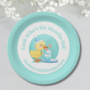Gelukkige Halve Verjaardag Baby Duck met Cake Part Papieren Bordje