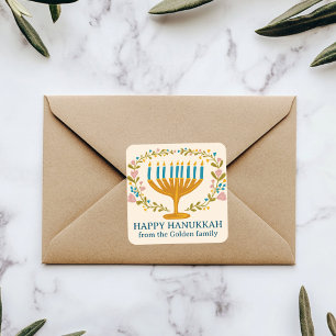 GELUKKIGE HANUKKA bloemenkranz Joodse feestdag AAN Vierkante Sticker