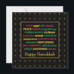GELUKKIGE HANUKKAH Fruit van de Geest Menorah ZWAR Feestdagenkaart<br><div class="desc">Kleurrijk Happy Chanoeka wenskaart met faux gouden menorah’s in subtiel achtergrondpatroon. De vruchten van de Geest, met inbegrip van Hebreeuwse vertalingen, zijn geschreven in rood, geel en groen. HAPPY HANUKKAH is aanpasbaar als je nog een begroeting wilt toevoegen. Het bericht in kan ook worden gewijzigd in een van uw keuze,...</div>