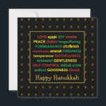 GELUKKIGE HANUKKAH Fruit van de Geest Menorah ZWAR Feestdagenkaart<br><div class="desc">Kleurrijk Happy Chanoeka wenskaart met faux gouden menorah’s in subtiel achtergrondpatroon. De vruchten van de Geest, met inbegrip van Hebreeuwse vertalingen, zijn geschreven in rood, geel en groen. HAPPY HANUKKAH is aanpasbaar als je nog een begroeting wilt toevoegen. Het bericht in kan ook worden gewijzigd in een van uw keuze,...</div>