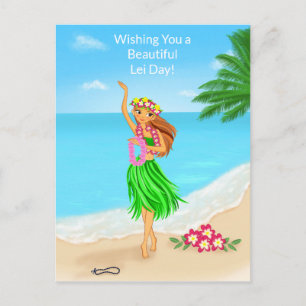 Gelukkige Hawaïaanse Lei-dag Hula-meisjesstrand Briefkaart